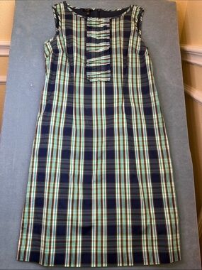 Talbots Petite Sleeveless Plaid Shift Dress in Navy and Mint size 4P